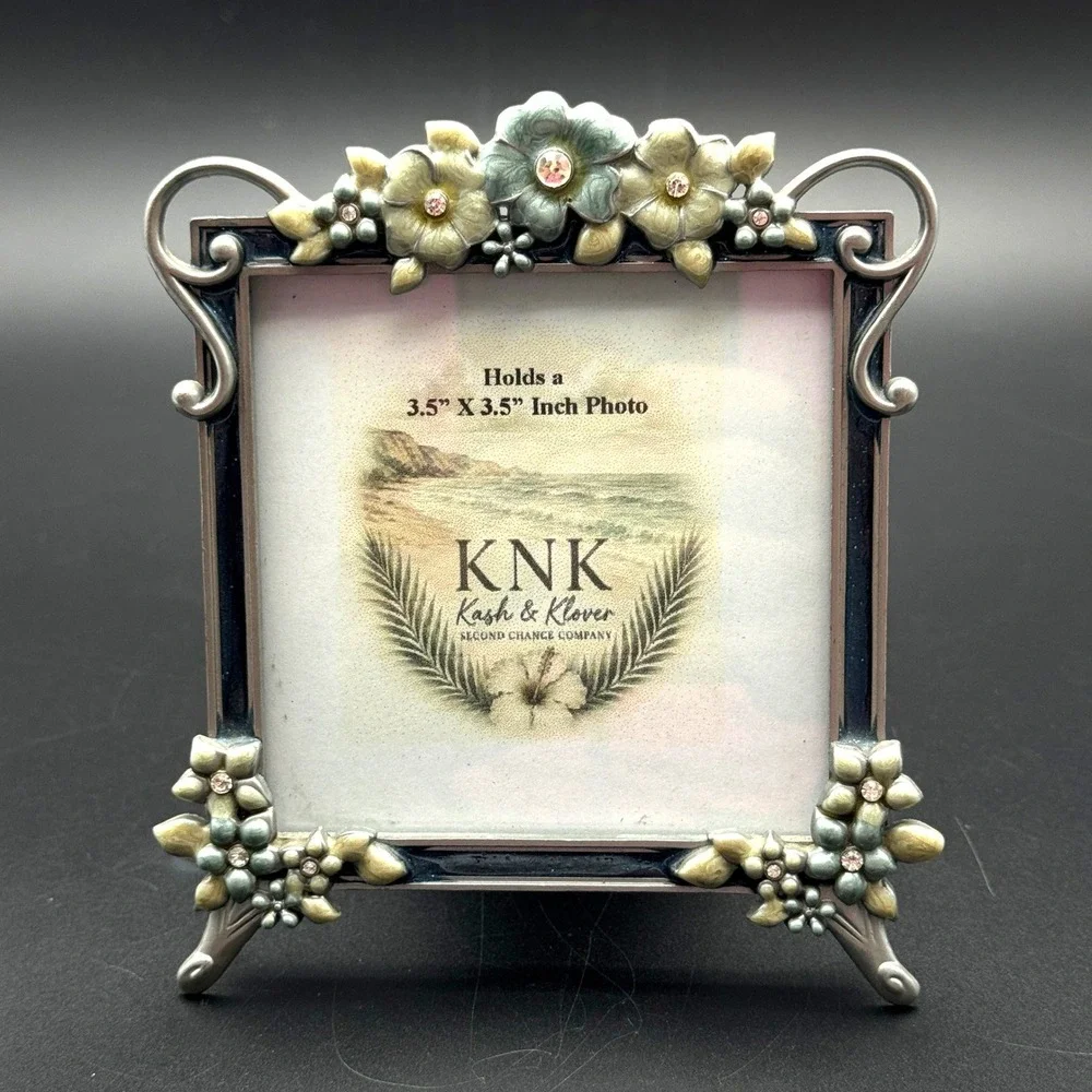 Floral Picture Frame Enamel Blue Green Rhinestone Silver Coastal Glam 3.5